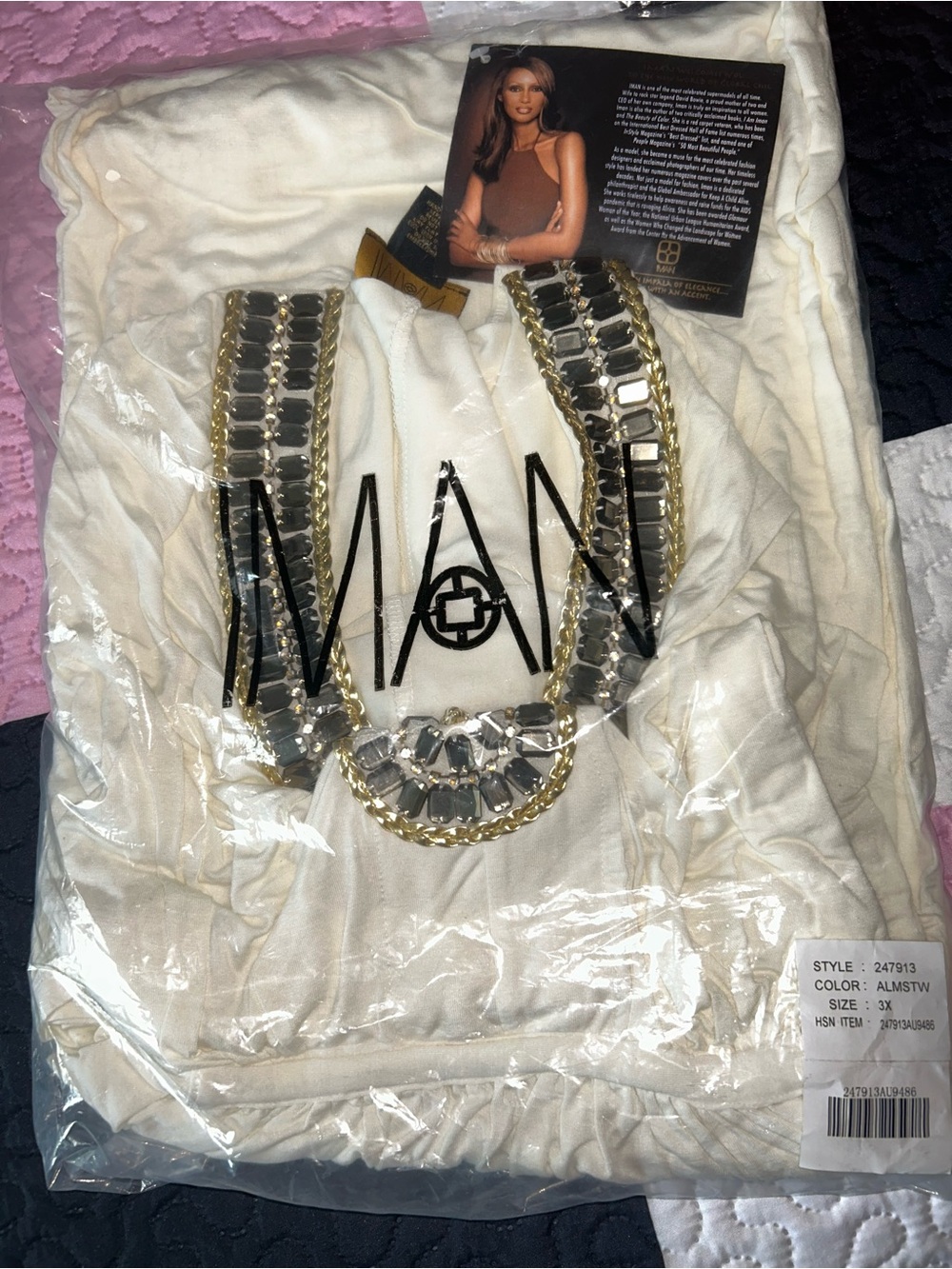 IMAN Cream Maxi Dress with Gold Chain-Embellished Neckline